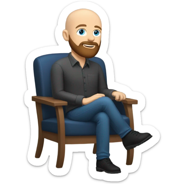 Bald, Caucasian, sky-blue-eyed, Psychotherapist in a modern colorful chair. He has a brown full beard and he’s Wearing a black dress shirt with a subtle pattern, blue jeans and black Chelsea boots with his legs separted leaning forward grey in goatee sticker