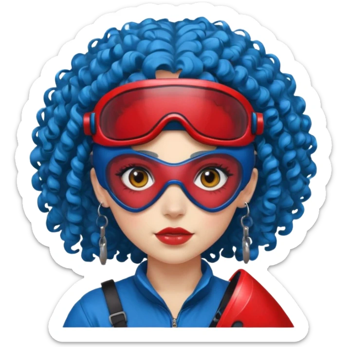 blue curly haired girl with huge earrings wearing red paintball helmet and eye protection, only face  sticker