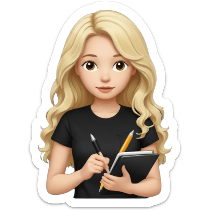 a beautiful blonde with long wavy hair-in-a-black-t shirt-a writes in a diary with a pen sticker