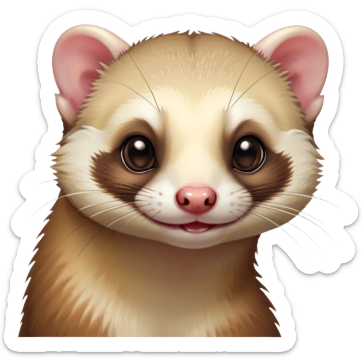 Cinematic Cute Ferret Portrait Emoji, Head tilted playfully, with an elongated, flexible body and a characteristically curious expression, featuring a short, pointed snout, bright, sparkling eyes, and soft fur in warm brown and cream tones, Simplified yet irresistibly adorable features, highly detailed, glowing with a warm, friendly glow, high shine, affectionate and lively, stylized with a touch of whimsical mischief, soft glowing outline, capturing the essence of a fun-loving and mischievous ferret that feels like it could scamper straight into your heart! sticker