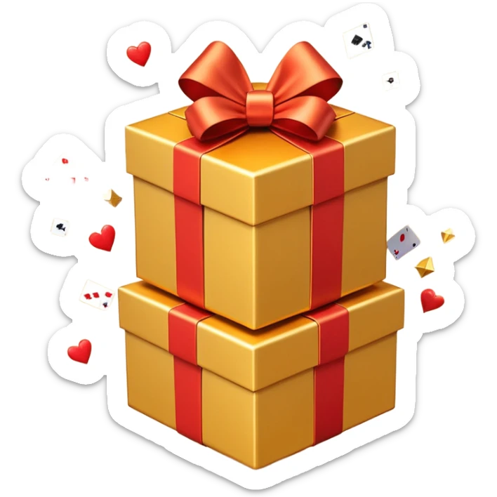 3D emoji style illustration of a big golden gift box with a shiny orange ribbon, a red off-road SUV car jumping out of the box, bright glowing orange background, small playing cards and sparkles flying around, no text, high resolution, square image sticker