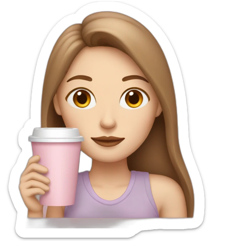woman with pale skin and middle brown long thin hair sipping coffee sleeping from a light pink takeaway cup sticker