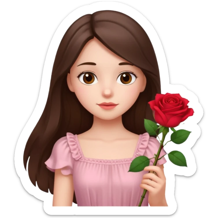 white brunette girl long hair with hazel eyes in light pink dress holding a flower sticker