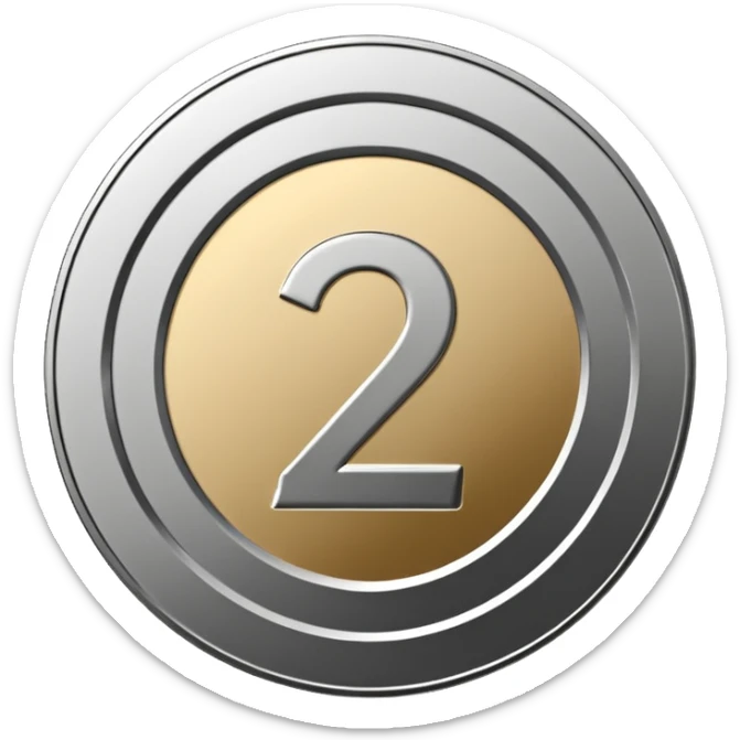 Emoji icon of a metal coin with engraved number 2, minimalist style, isolated, only metal color sticker