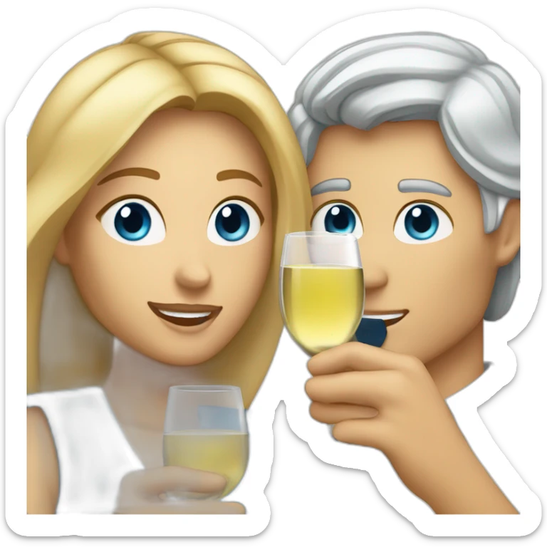 A white woman with brown eyes and blond medium long hair and a white man with blue eyes and grey hair, toasting with a glass of white wine sticker