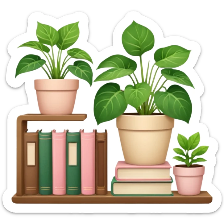 A cute book shelf with a potted pothos plant, and some cute others plants and a pile of books that are beige, cream and baby pink sticker