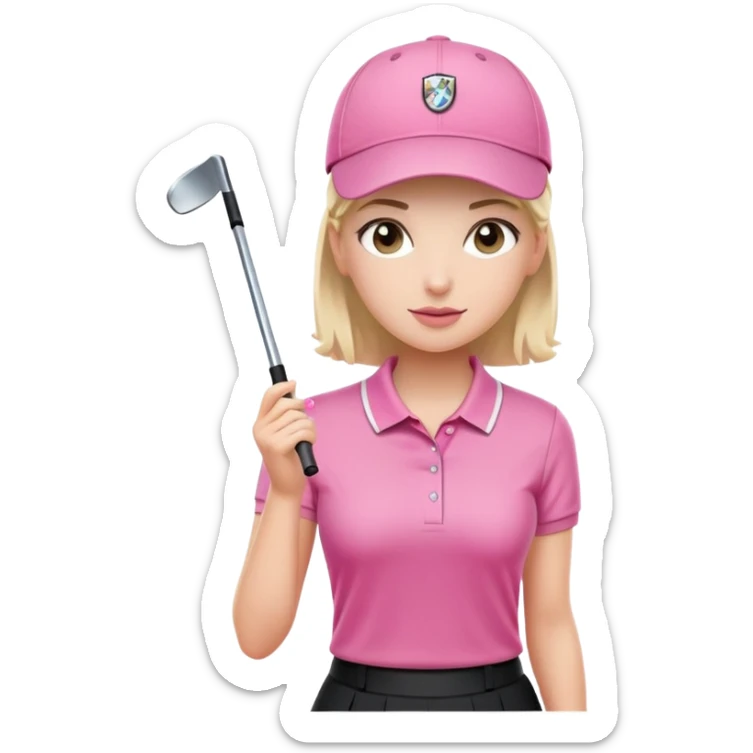 A female golfer with a pink polo shirt, a black skirt, and a white cap. sticker
