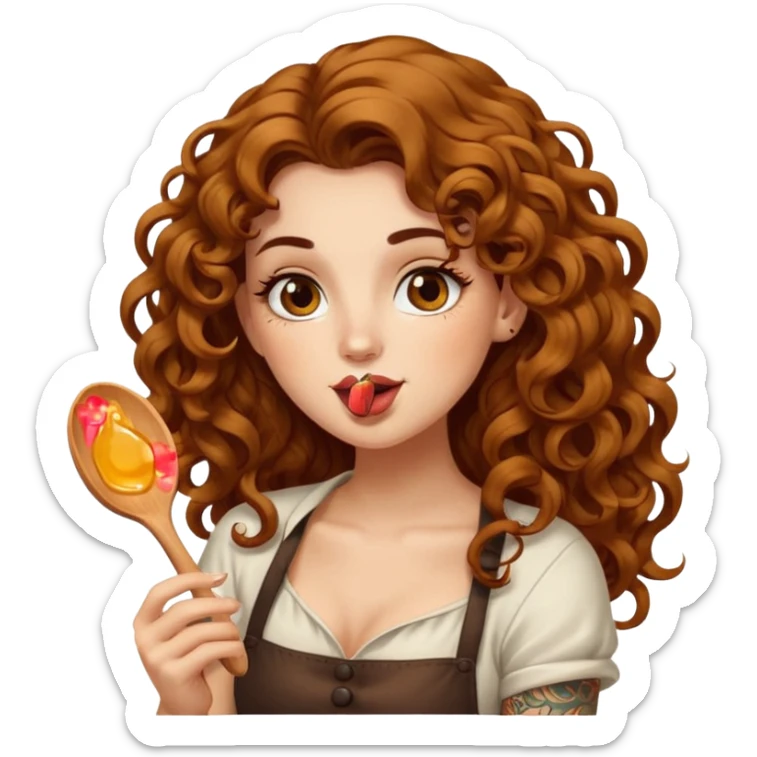portrait woman long curly brown hair brown eyes white skin tattoos licking honey from wooden spoon, flirty sticker