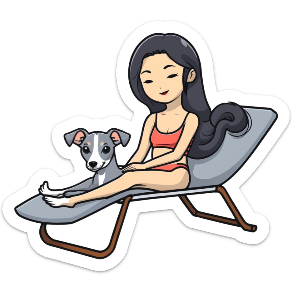Very thin Chinese woman with long black hair relaxing on a spa lounger with exactly ONE Italian greyhound. CRITICAL REQUIREMENT: the dog must be ONLY ONE SOLID GREY COLOR from nose to tail with NO WHITE or LIGHT AREAS anywhere - NO white face, NO white muzzle, NO white chest, NO white paws, NO white tail tip - NOTHING BUT A SINGLE SHADE OF GREY throughout the entire animal sticker
