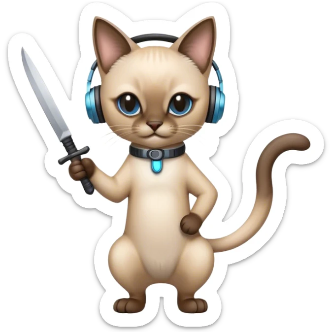 A Siamese cat with headphones stands on its hind legs, hides a knife behind its back and grins suspiciously sticker