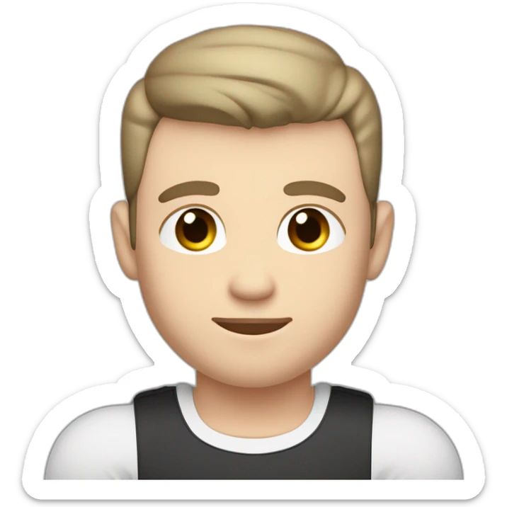 Pale skinned Fit Man With the biceps and dark brown hair in black shirt, gray sports shorts and white Sneakers His right hand touches his back of the head sticker