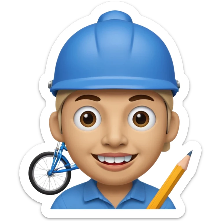 A round head puppet with 2 buck teeth a blue bike helmet and a round nose with a pencil in it also he has a unibrow and blue eyes sticker
