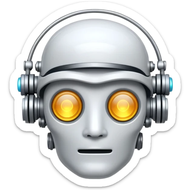 Emoji stylisé d'un cerveau robotique avec un circuit imprimé visible et un petit halo lumineux au-dessus, fond blanc sticker