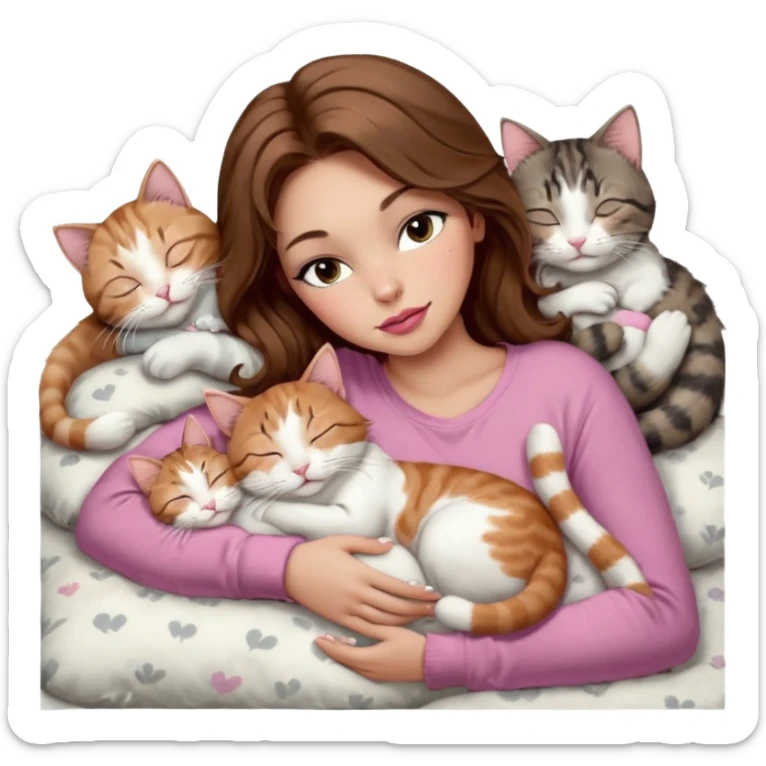 girl with long wavy brown hair, brown eyes, long lashes makeup, sexy pink lips, light to medium complexion,  sleeping on a cozy pillow, with 6 cats: 1 brown and white tabby cat, 1 ginger and white, 2 grey and white, 1 grey with white mittens and small white patch on chest and 1 calico, sleeping sticker