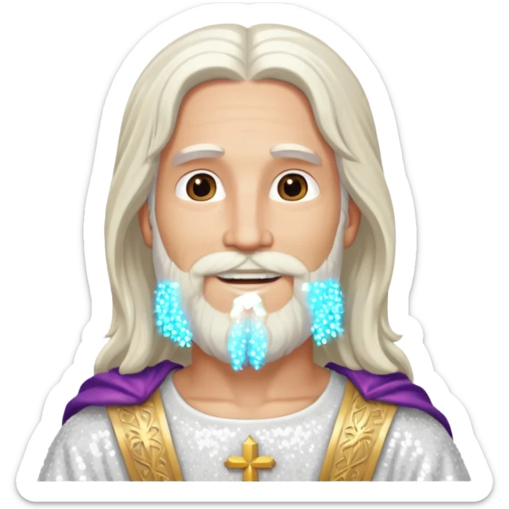 Jesus, Son of God from Gods and Goddesses with long white hair and beard, white sequin outfit sticker