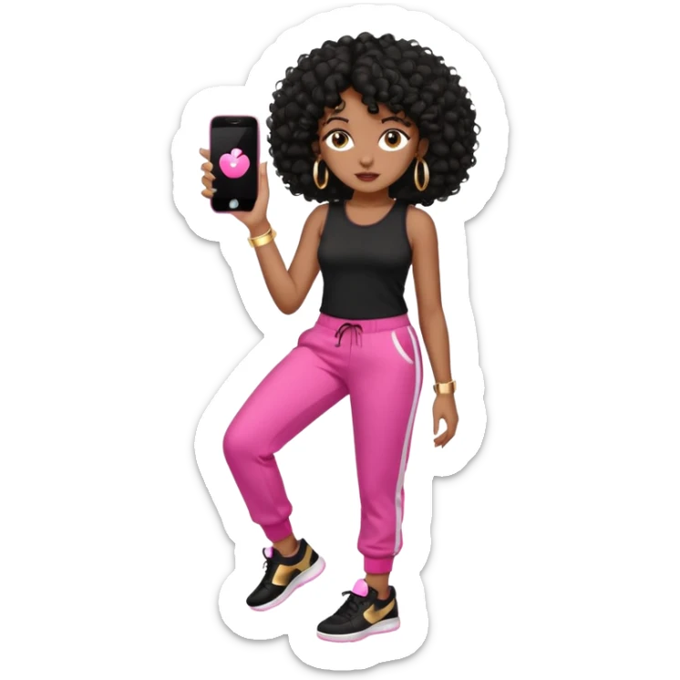 Black woman, adult, 4C black curly hair, dark brown eyes, wearing black top, pink pants, black sneakers, gold hoop earrings, iPhone emoji style sticker