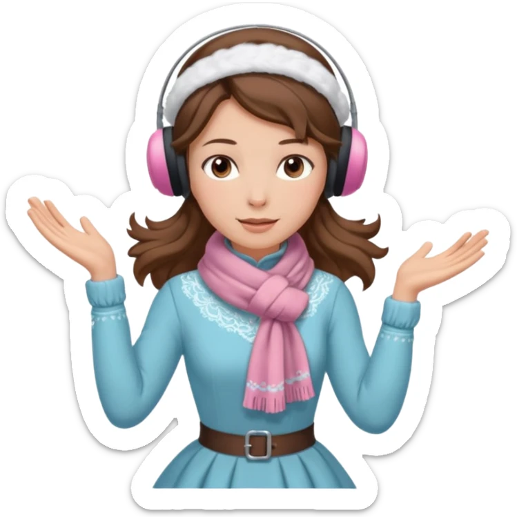 Victorian ice skater in a long dress. She is wearimg a scarf and earmuffs. She has brown hair. sticker