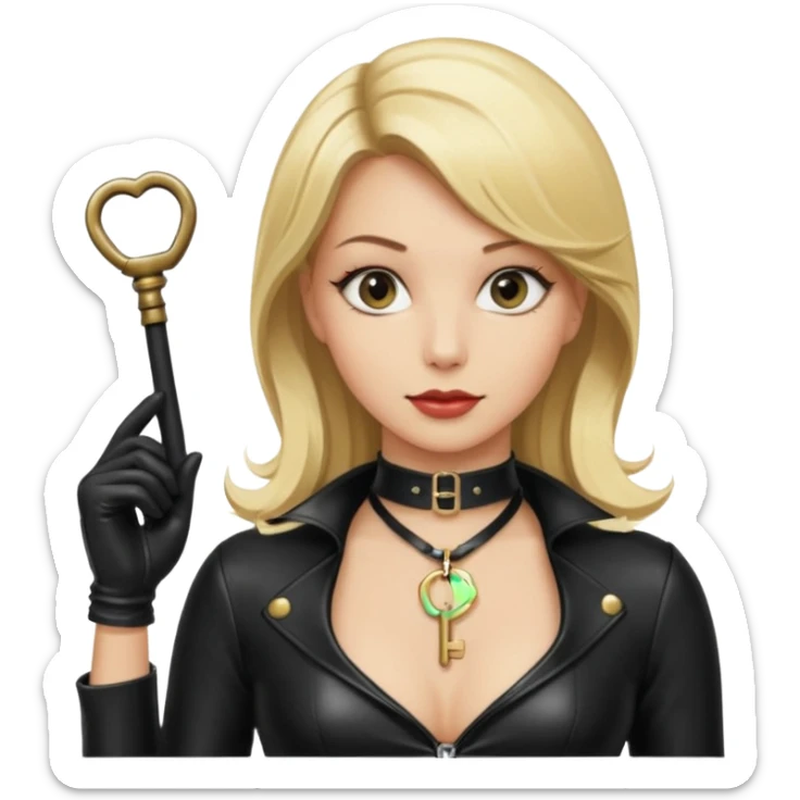 Dominatrix with blonde hair, latex outfit, old fashioned key necklace, and a whip sticker