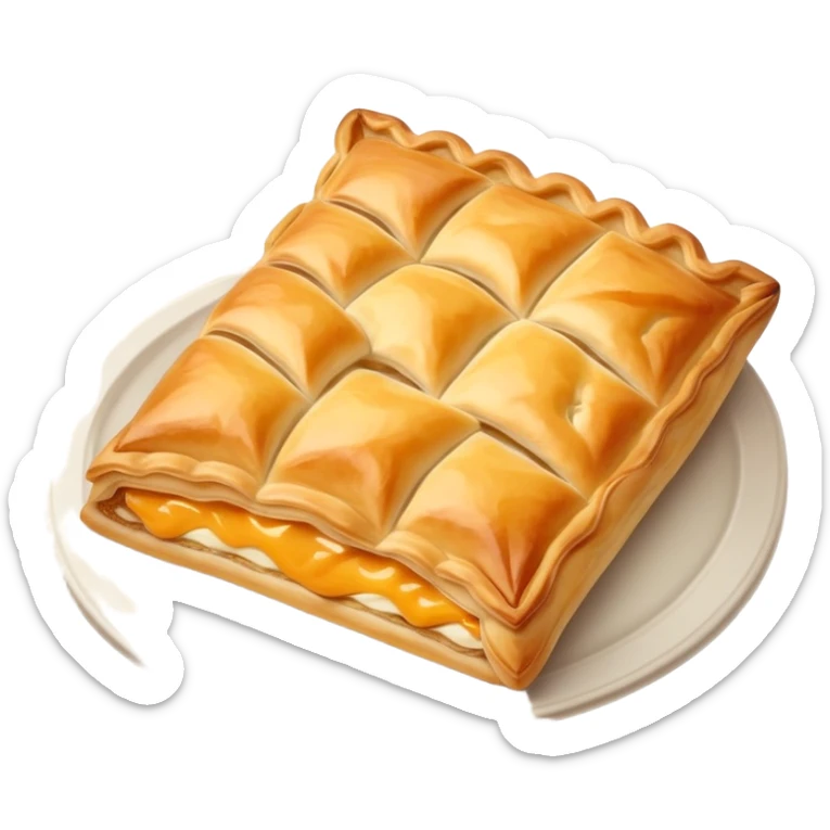 cinematic-realistic-flat burek-sa-sirom-dish-emoji,-showcasing-a-flaky-pastry-filled-with-cheese-rendered-with-crisp-textures-and-appetizing,-warm-lighting. **flat**   sticker