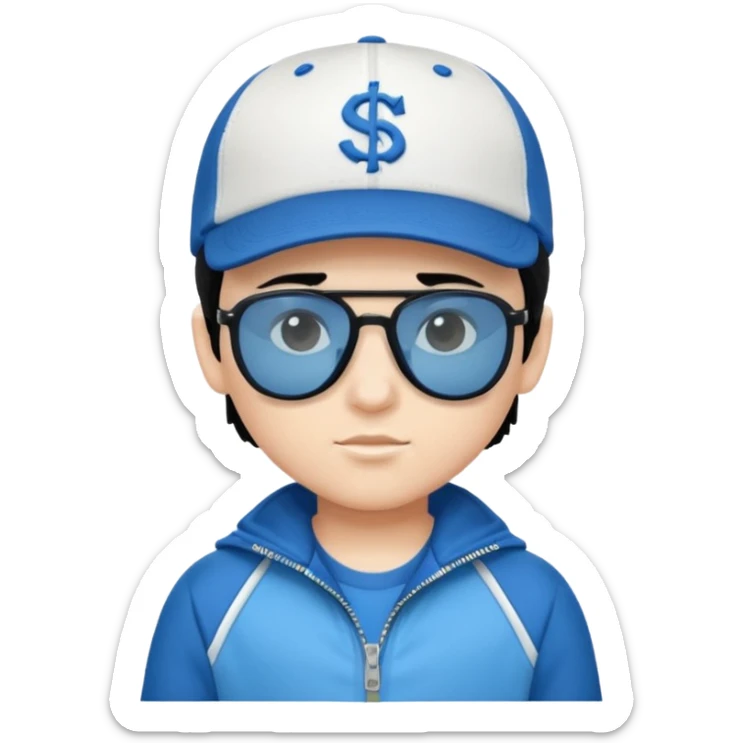make a genmoji of a boy with a white baseball cap, black hair and a blue zipper jacket with black sunglasses sticker
