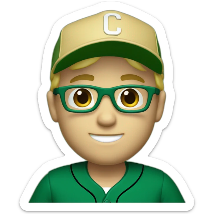 Blonde male, blue eyes, short hair with glasses. Dark green baseball uniform with hat and with "C" on the dark green hat. make the style slightly 3D with a diagonal angle. Crop from chest up sticker