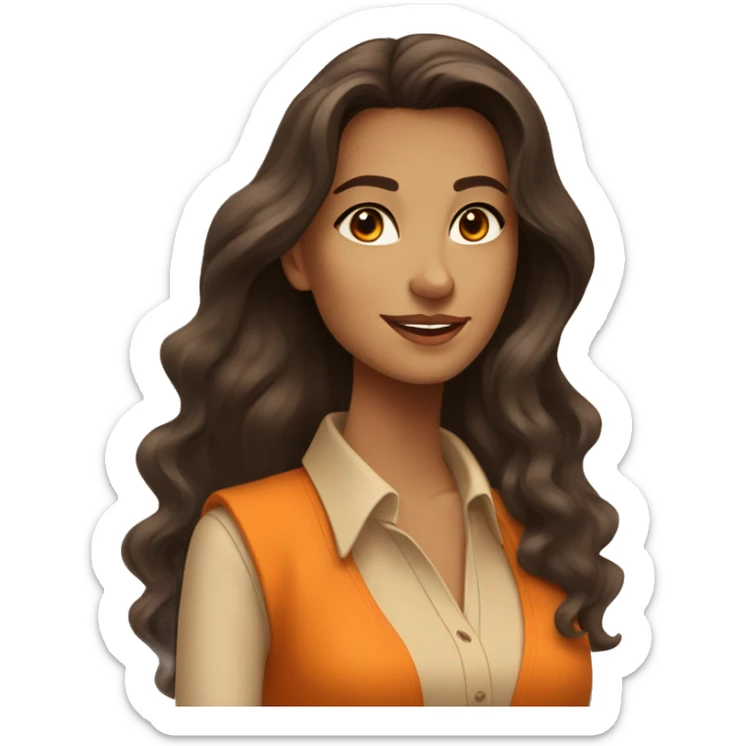 a charming tanned woman long wavy chocolate hair, caramel eyes, beige shirt, orange vest sticker