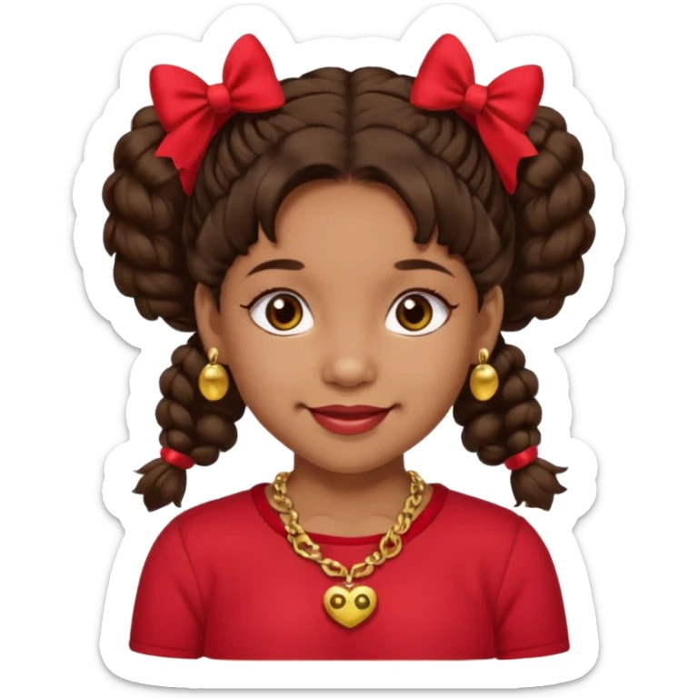 Brownskin girl dark brown hair fluffy. pigtails with red bows brown eyes smiling closed mouth red shirt gold esrrings gold necklace sticker
