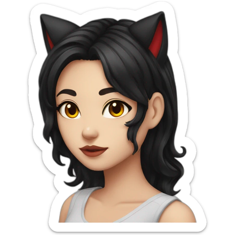girl, cat ears, black hair, wavy hair, red eyes, black sclera sticker