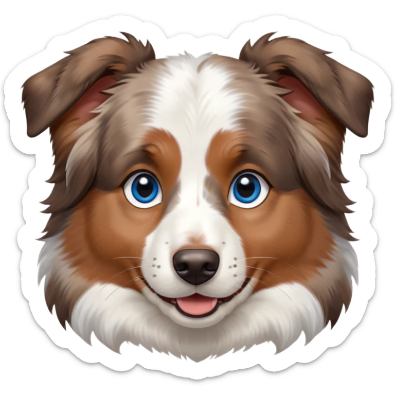 cute close-up of Australian Shepherd dog face, adorable expression, detailed heterochromatic eyes (one blue one brown), fluffy fur with merle pattern, expressive ears, sweet smile sticker