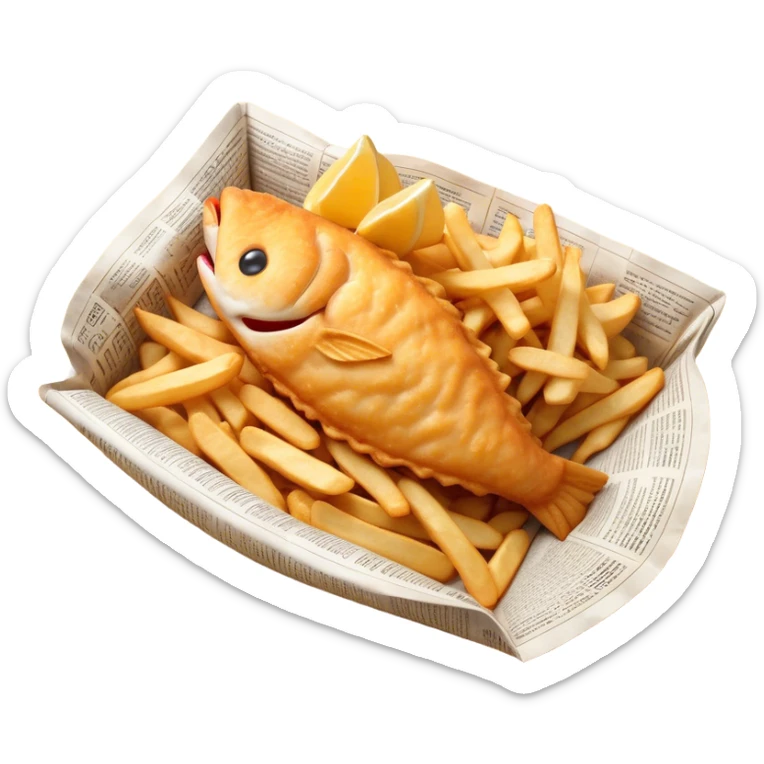 Cinematic Realistic Fish and Chips Dish Emoji, depicted with crispy golden battered fish and chunky hand‚Äêcut chips served in traditional newspaper wrapping, rendered with mouth‚Äêwatering texture and warm natural lighting that captures its quintessential British charm. sticker