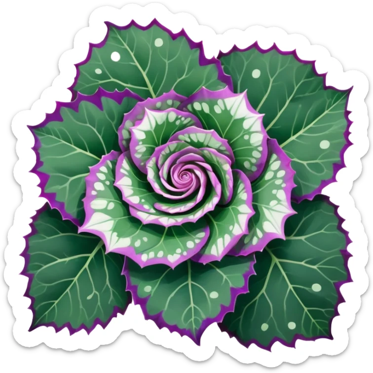 Close-up of Begonia Rex leaf center showing spiral growth pattern, dark green leaf with purple edges and white spots sticker