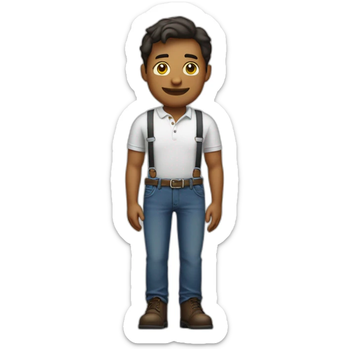 A man in heavy boots, a polo shirt, jeans and suspenders sticker