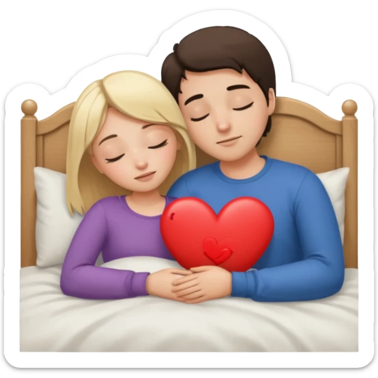 cuddling in bed, asleep. blonde girl. brunette man. eyes closed. heart between them. no headboard sticker