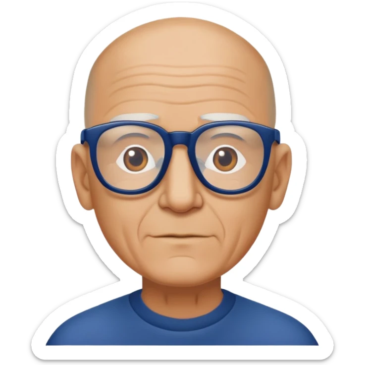 homme de 60 ans crane rasé avec lunette moture bleu marine sticker