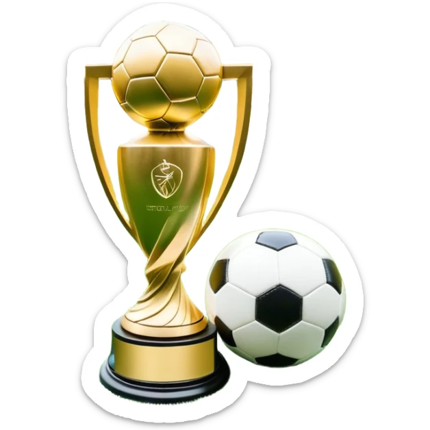 A football resting on the green grass of a soccer field, with goalposts and field markings in the background. In the foreground, the UEFA World Cup trophy gleams, symbolizing the pinnacle of football achievement, adding an element of prestige and competition to the scene. sticker