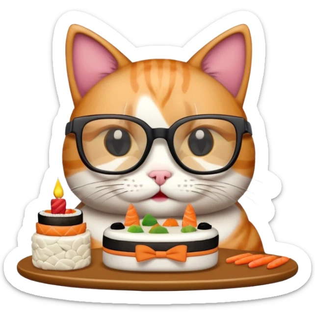 cat with cool square glasses eating a birthday cake made out of sushi sticker