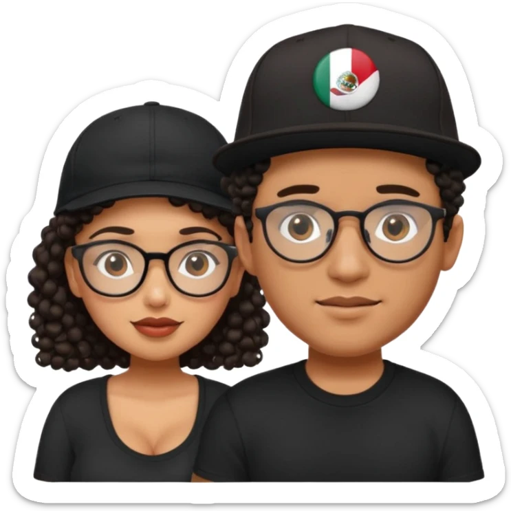 A picture of a cute tanned couple. the man is Mexican, with a bald hair cut wearing a SnapBack hat and a black shirt. the woman is mixed, she has curly longer dark brown hair, thicker and with big boobs and the woman has glasses sticker