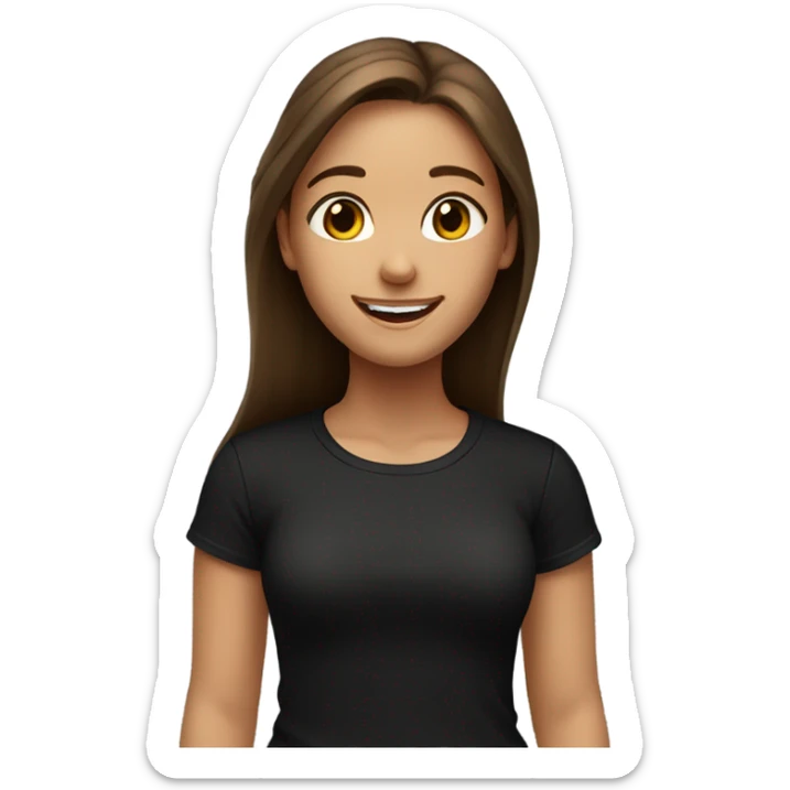 a happy girl with a black t shirt, long hair, brown eyes and brown hair, in front of a world  sticker