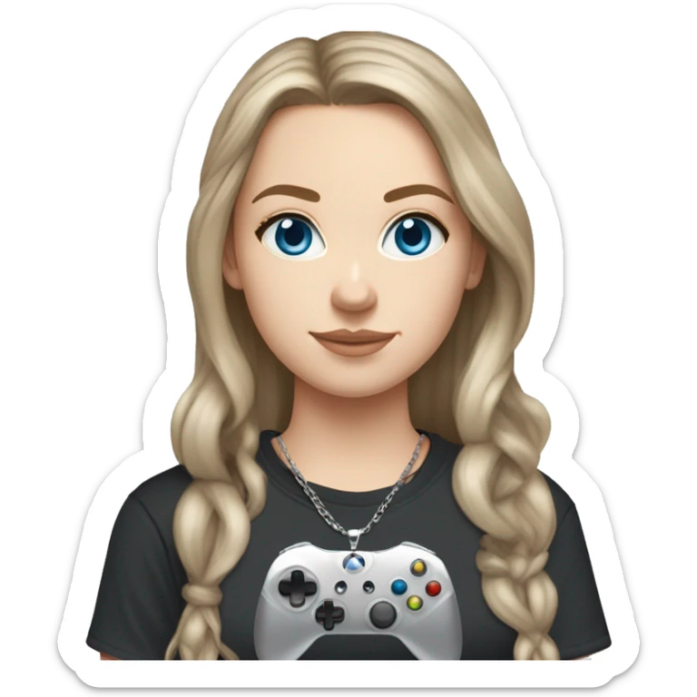 white girl, long brown hair, light blue eyes, black t-shirt, one silver chain necklace, grey joggers, white airforces and blue xbox controller  sticker