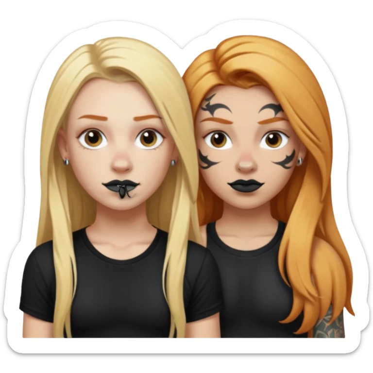 girl with long blonde hair, black tattoos and a septum piercing next to an athletic ginger girl a septum piercing sticker