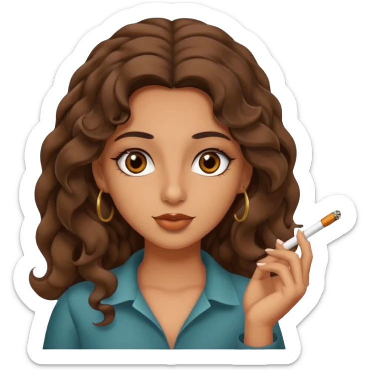Arab girl tanned but not too tanned, wavy thick hair, brown eyes, smoking a blunt sticker