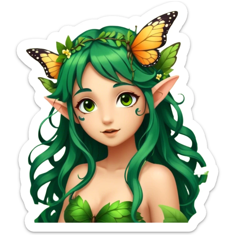 Cinematic Realistic Forest Nymph Fairy Portrait, head tilted playfully and inquisitively, showcasing a nature-inspired form with intricately detailed, sunlit tanned skin and cascading dark green hair interlaced with leaves and blossoms showing her large butterfly wings from her back. Her bright, curious eyes sparkle with forest mischief, rendered with lifelike clarity and warm, dappled lighting that captures the spirit of an enchanting woodland fairy ready to dance among the trees. sticker