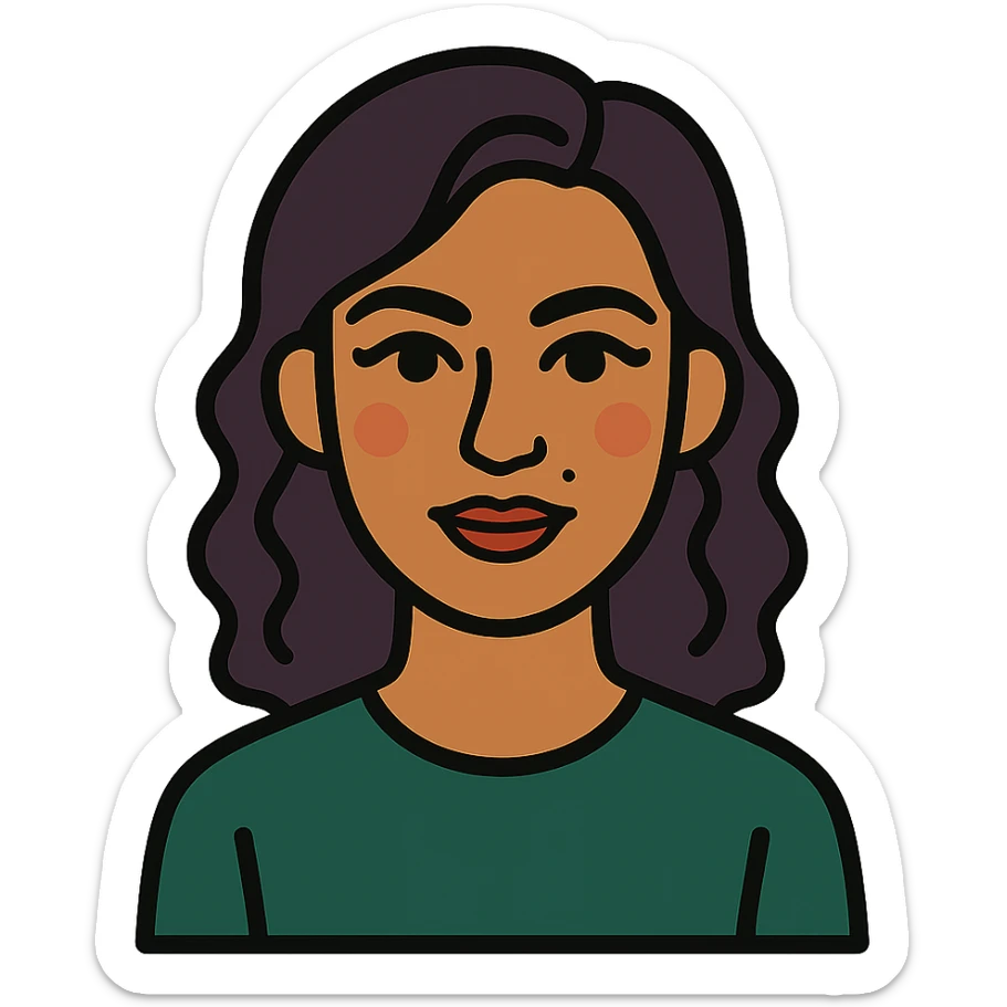 medium tanned Indian girl with black eyes, dark purple wavy medium-length hair, wearing a dark green tee shirt, mole on top of left cheek, slightly crooked nose, medium lips with dark red lipstick, eyeliner, beautiful lashes, some blush, icon style sticker