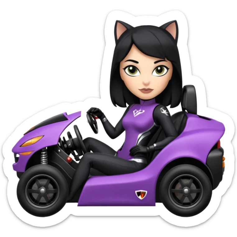 full size real-appearance electric road racing sexy CatWoman’s feminine midnight-colored tight outfit sixty’s tv show dark stealthy accurate sporty safe plush deluxe off-road pursuit drifting car jaguar accents (black hair,reclined and relaxed torso and shoulders seating position) cross kart  sticker