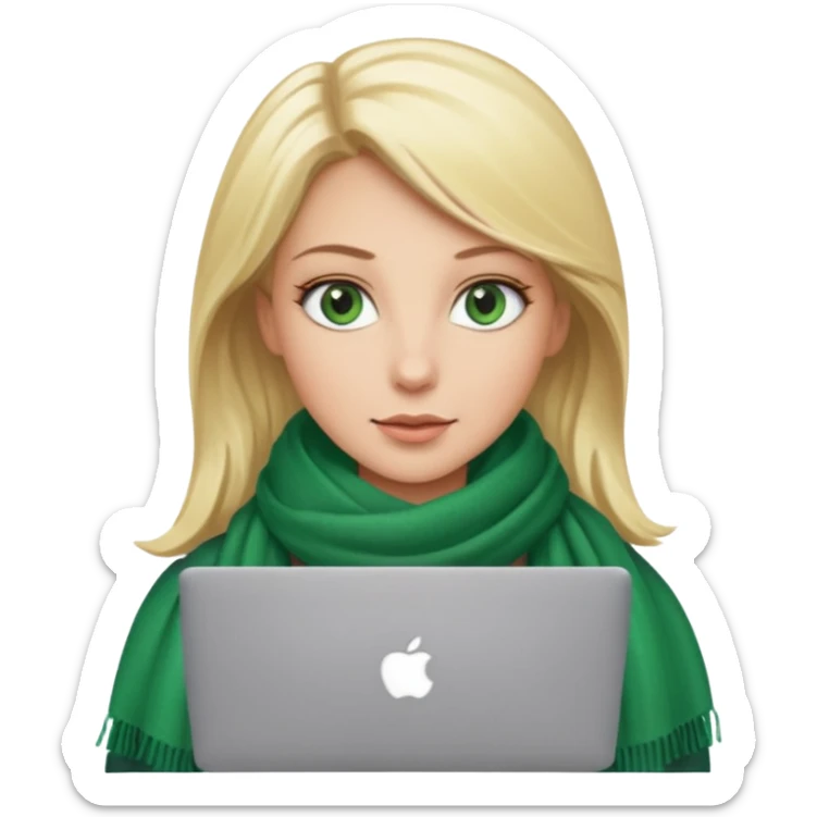 blond women skine , with green eyes and scarf . with macbook sticker