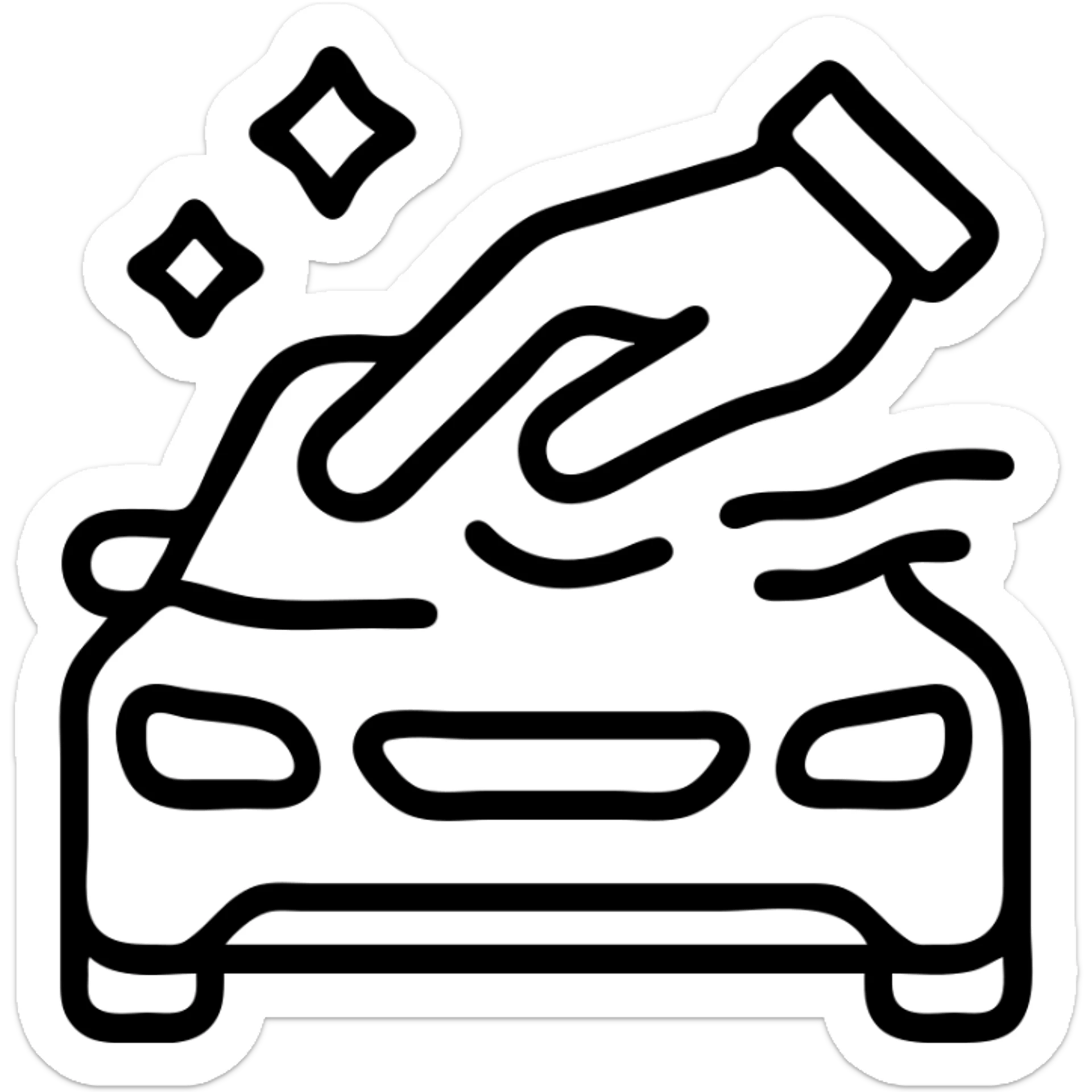 outlined icon of an elegant hand wearing a white glove on the hood of a high-end car, with water drops or shine, main color black, silver or white details, smooth motion lines suggesting cleaning, modern and clean style, no text sticker