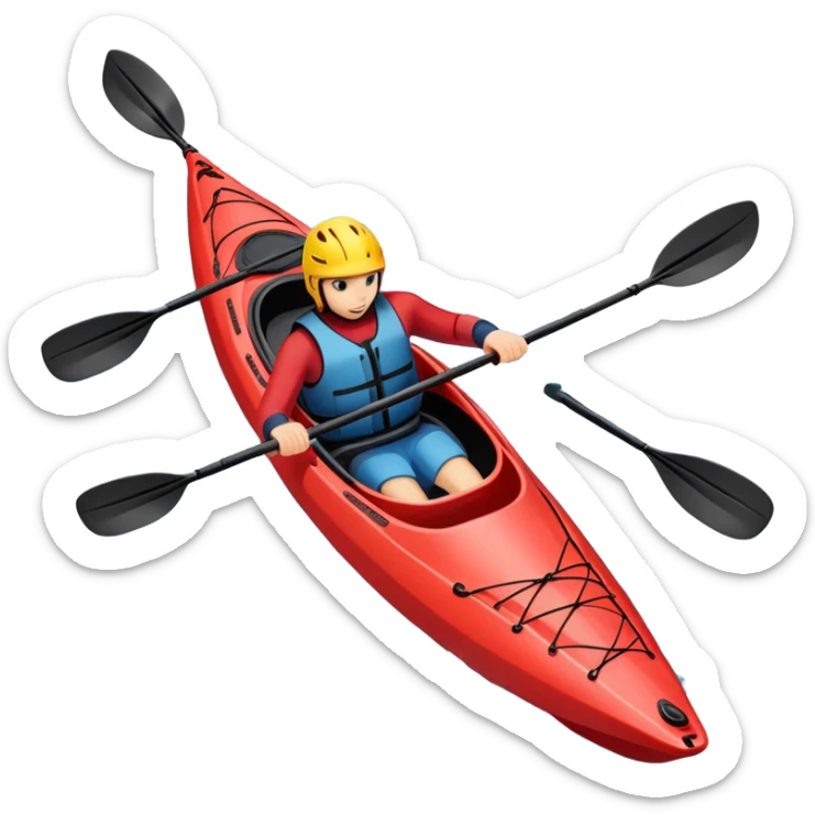 An icon showing a close-up of a kayak gliding over rippling water, with a double-bladed paddle in motion and splashes around. The sleek shape of the boat and dynamic strokes highlight the speed and precision of kayaking. Transparent background emphasizes the energy of the sport. sticker