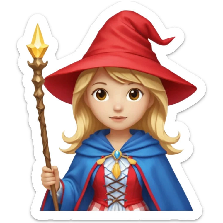 young woman mage with golden blonde hair, in a red and white gingham dress, blue cloak and pointy hat, holding a glowing staff, emoji style sticker