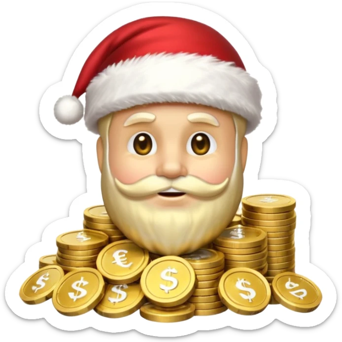 A confident rich emoji face wearing a Santa hat, money stacks, casino vibe, New Year theme, premium 3D emoji style, sharp details, no text, isolated on transparent background sticker