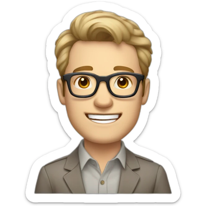 Joyful Pale skinned Fit Man With dark brown hair in gray jacket, beige office shirt, Brown pants and vintage glasses. His thrumbs up sticker